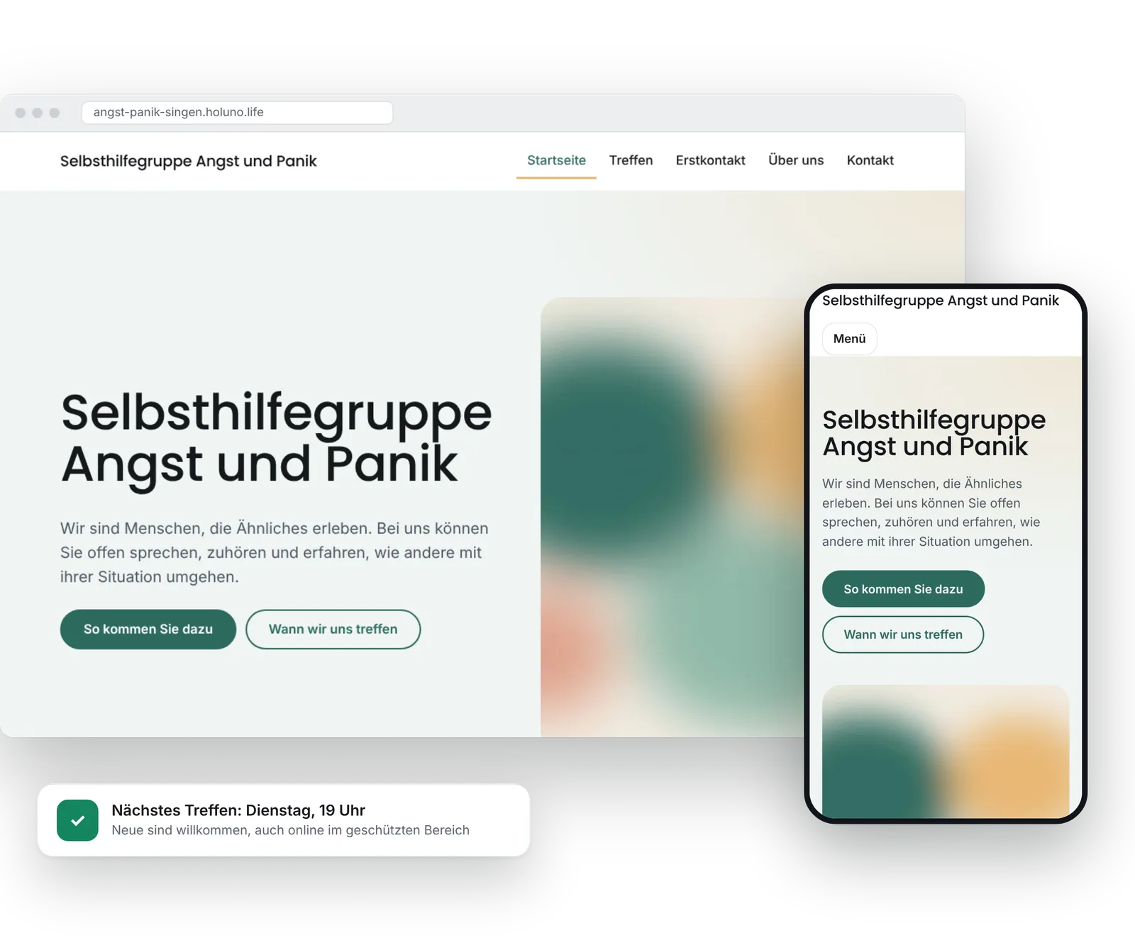 Webseite einer Selbsthilfegruppe mit Treffen und Kontakt – HOLUNO Life